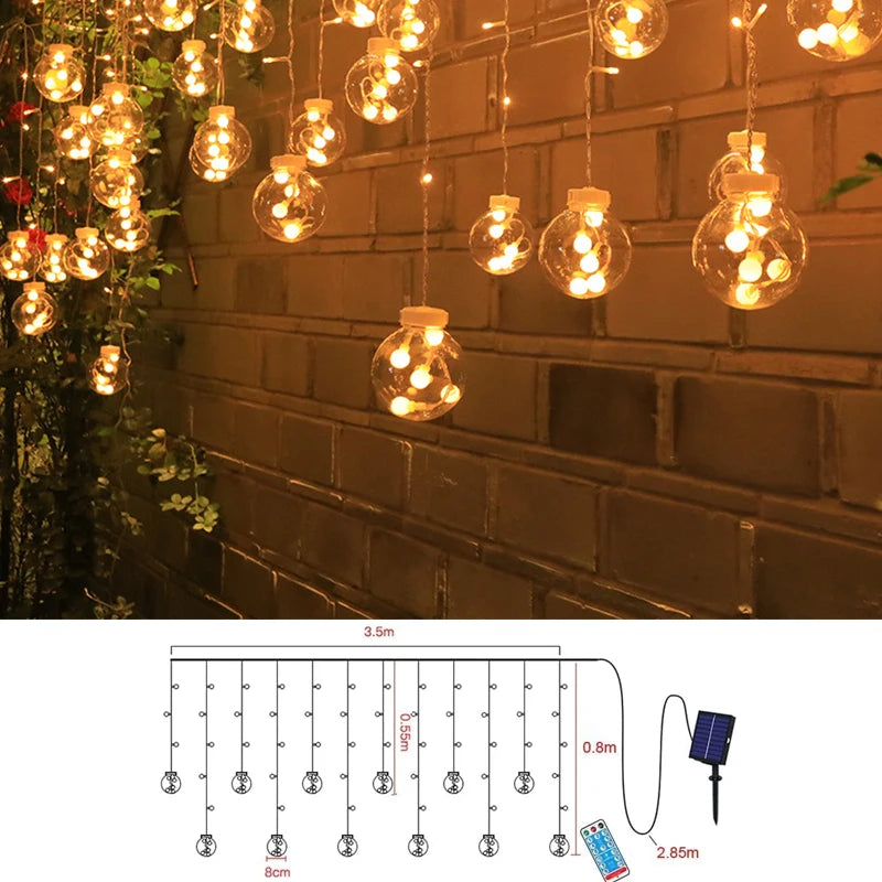 Solar Fairy Curtain Lights – 12 Bollen Buitenverlichting met Afstandsbediening